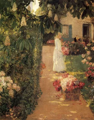 Gathering Flowers in a French Garden by Frederick Childe Hassam - Oil Painting Reproduction