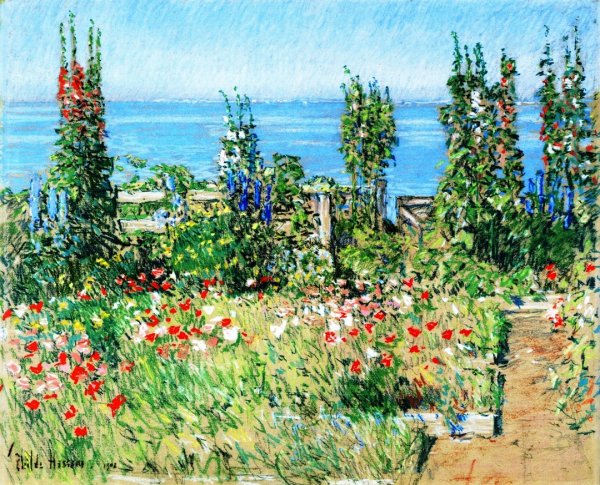 Main Product Photo of Hollyhocks, Isle of Shoals Painting by Frederick Childe Hassam