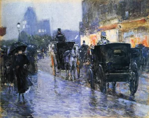 Horse Drawn Cabs at Evening, New York by Frederick Childe Hassam - Oil Painting Reproduction