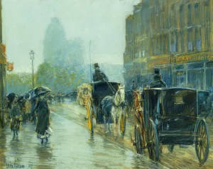 Horse-Drawn Cabs at Evening, New York by Frederick Childe Hassam Oil Painting
