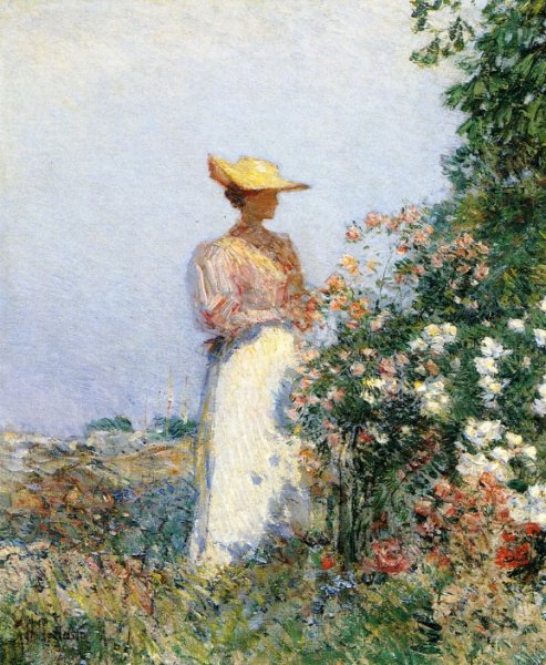 Lady in Flower Garden by Frederick Childe Hassam - Hand-Painted Oil Painting Reproduction