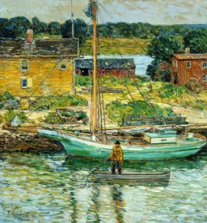 Oyster Sloop, Cos Cob by Frederick Childe Hassam Oil Painting