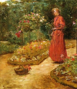 Woman Cutting Roses in a Garden Oil painting by Frederick Childe Hassam