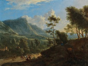 An Italianate landscape with a hunting company by Frederick De Moucheron Oil Painting