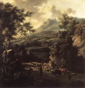 Mountain Scene with Herd of Cattle by Frederick De Moucheron - Oil Painting Reproduction