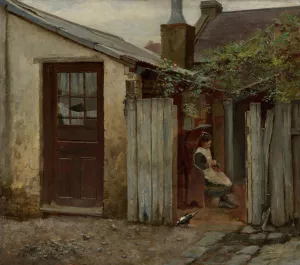 Girl with bird at the King Street bakery Oil painting by Frederick McCubbin