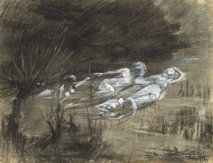Woman Floating in a River Attended by Two Female Spirits by Frederick Trapp Friis Oil Painting