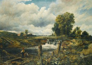 A River Landscape With Figures In A Boat By A Lock by Frederick Waters Watts Oil Painting