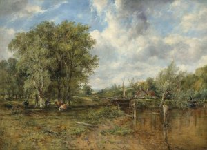A wooded landscape with a cattle and cottage beyond by Frederick Waters Watts Oil Painting