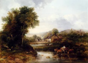 An Extensive River Landscape with a Drover in a Cart with His Cattle by Frederick Waters Watts - Oil Painting Reproduction