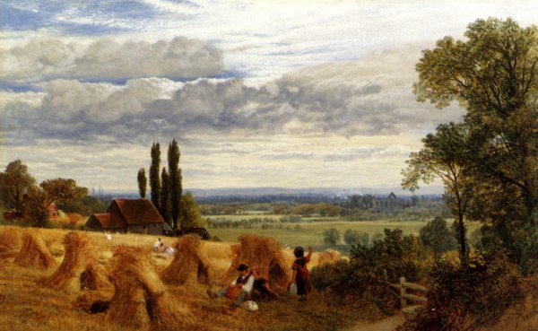 Main Product Photo of Harvesting Near Newark Priory, Ripley, Surrey Painting by Frederick William Hulme