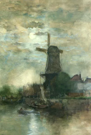 A Moonlit Windmill by Fredericus Jacobus Van Rossum Chattel - Oil Painting Reproduction