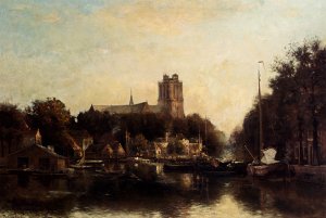 A View Of The Kleine Haven In Dordrecht by Fredericus Jacobus Van Rossum Chattel Oil Painting
