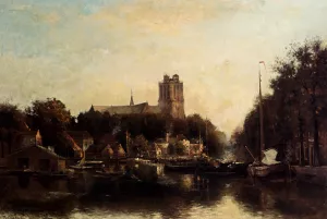 A View Of The Kleine Haven In Dordrecht by Fredericus Jacobus Van Rossum Chattel Oil Painting
