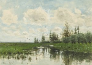 Poel met bomen en weiland by Fredericus Jacobus Van Rossum Du Chattel Oil Painting