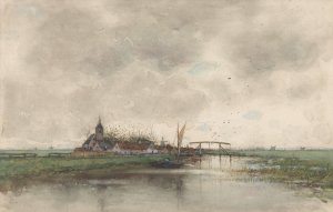 Rivierlandschap met gezicht op een dorp by Fredericus Jacobus Van Rossum Du Chattel Oil Painting