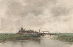 Rivierlandschap met gezicht op een dorp by Fredericus Jacobus Van Rossum Du Chattel Oil Painting