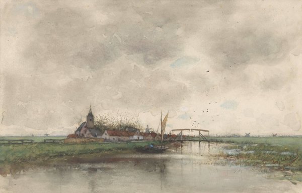 Rivierlandschap met gezicht op een dorp  by Fredericus Jacobus Van Rossum Du Chattel - Hand-Painted Oil Painting Reproduction