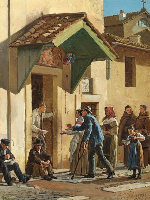 Fattige bespises ud for klosteret San Bonaventura pa Palatinerhojen by Frederik Christian Lund Oil Painting