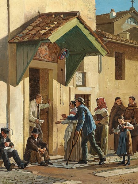 Main Product Photo of Fattige bespises ud for klosteret San Bonaventura pa Palatinerhojen  Painting by Frederik Christian Lund