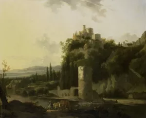 Italian landscape with round tower by Frederik De Moucheron Oil Painting