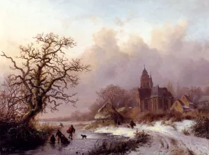 A Frozen Winter Landscape by Frederik Marianus Kruseman Oil Painting