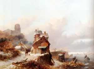 A Winter Landscape with a Horserider on a Track Passing a Farmhouse, Skaters on the Ice Beyond by Frederik Marianus Kruseman - Oil Painting Reproduction