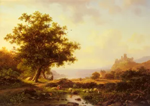 An Extensive River Landscape with a Castle on a Hill Beyond by Frederik Marianus Kruseman - Oil Painting Reproduction