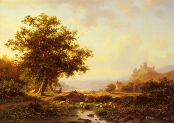 An Extensive River Landscape with a Castle on a Hill Beyond by Frederik Marianus Kruseman - Hand-Painted Oil Painting Reproduction