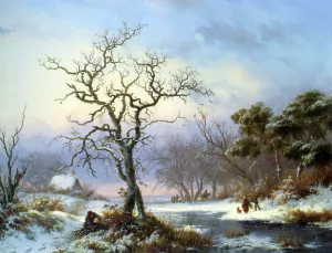 Faggot Gatherers in a Winter Landscape by Frederik Marianus Kruseman Oil Painting