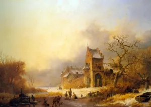 Figures on a Frozen River in a Winter Landscape by Frederik Marianus Kruseman - Oil Painting Reproduction
