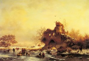 Winter Landscape with Skaters on a Frozen River beside Castle Ruins