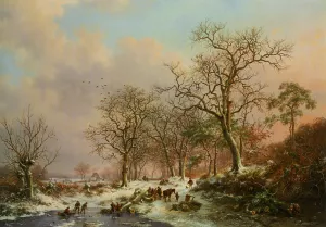 Wood Gatherers in a Winter Landscape with a Castle Beyond painting by Frederik Marianus Kruseman