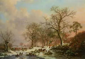 Wood Gatherers in a Winter Landscape with a Castle Beyond Oil painting by Frederik Marianus Kruseman