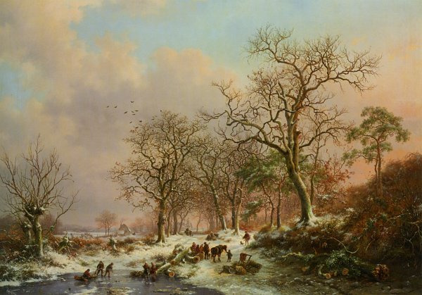 Wood Gatherers in a Winter Landscape with a Castle Beyond by Frederik Marianus Kruseman - Hand-Painted Oil Painting Reproduction