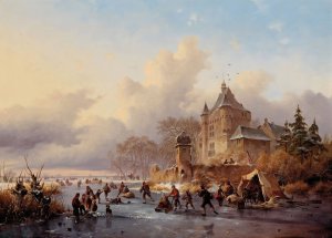 A winter landscape with activites on the ice near a castle by Frederik Marinus Kruseman Oil Painting