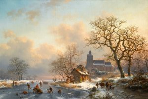 A Winter Landscape With Skaters On A Frozen River by Frederik Marinus Kruseman Oil Painting