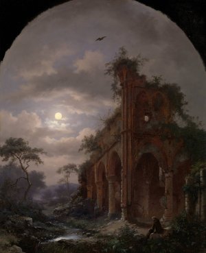Monk Meditating near a Ruin by Moonlight by Frederik Marinus Kruseman Oil Painting