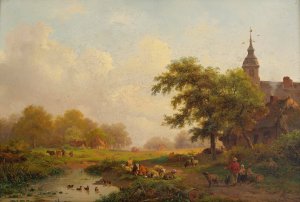 Summer Landscape With Sheperds And Cattle Near A Village by Frederik Marinus Kruseman Oil Painting