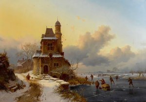 Winter Landscape with Skaters by Frederik Marinus Kruseman Oil Painting