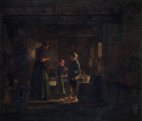 Main Product Photo of To tiggerborn i et bondekokken  Painting by Frederik Vermehren