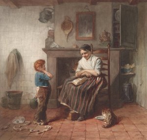 Interieur met een jongetje, een vlieger en een vrouw by Frederik Willem Zurcher Oil Painting