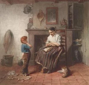 Interieur met een jongetje, een vlieger en een vrouw by Frederik Willem Zurcher Oil Painting