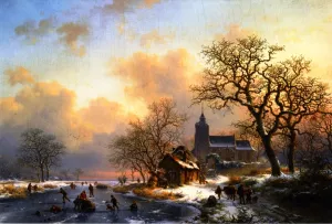 A Winter Landscape with Skaters on a Frozen River painting by Frederk Marinus Kruseman
