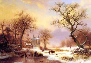 Skaters in a Winter Landscape by Frederk Marinus Kruseman Oil Painting