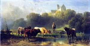Cattle Watering at a Lake by a Fisherman and His Dog by Fredrich Johann Voltz - Oil Painting Reproduction