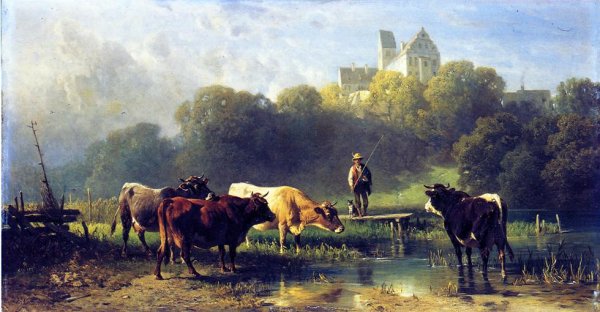 Cattle Watering at a Lake by a Fisherman and His Dog by Fredrich Johann Voltz - Hand-Painted Oil Painting Reproduction