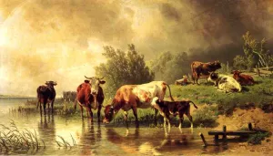Cattle Watering by Stream under Darkening Skies by Fredrich Johann Voltz - Oil Painting Reproduction