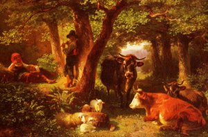 Waldmotiv Mit Kuhen Oil painting by Fredrich Johann Voltz