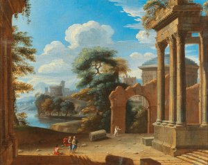 A river landscape with figures by ruins by French School Oil Painting